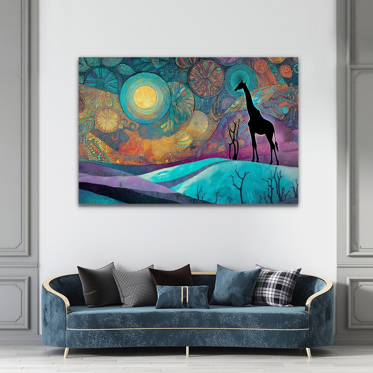 Colorful abstract painting of a giraffe on a white wall above a blue sofa with decorative pillows.