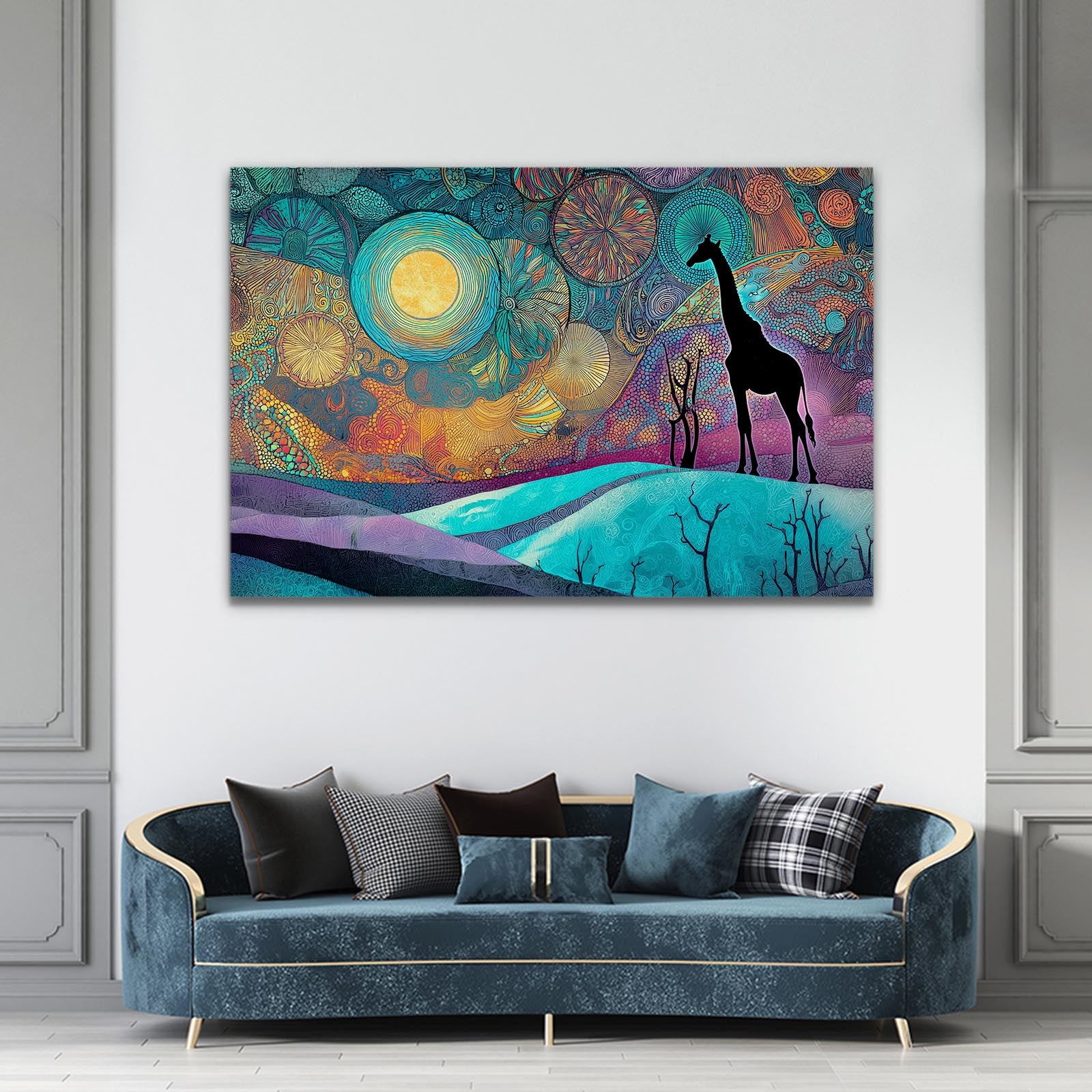 Colorful abstract painting of a giraffe on a white wall above a blue sofa with decorative pillows.