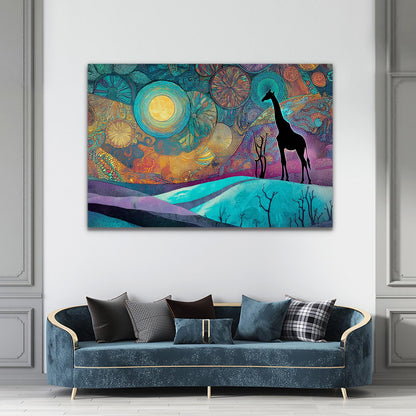 Colorful abstract painting of a giraffe on a white wall above a blue sofa with decorative pillows.