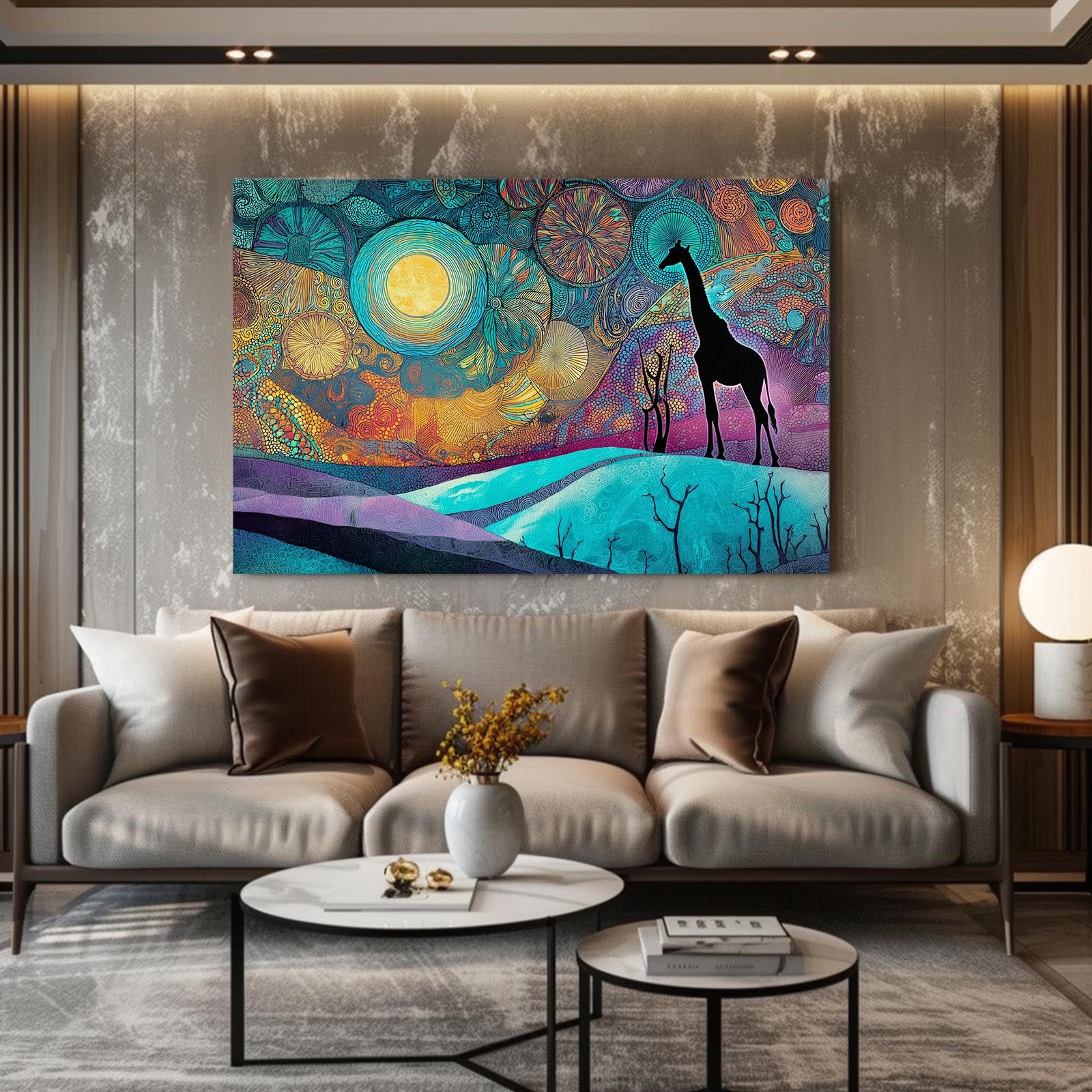 Colorful abstract painting of a giraffe on a wall above a gray sofa in a living room.