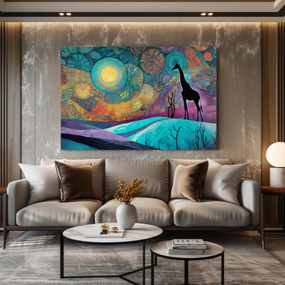 Colorful abstract painting of a giraffe on a wall above a gray sofa in a living room.