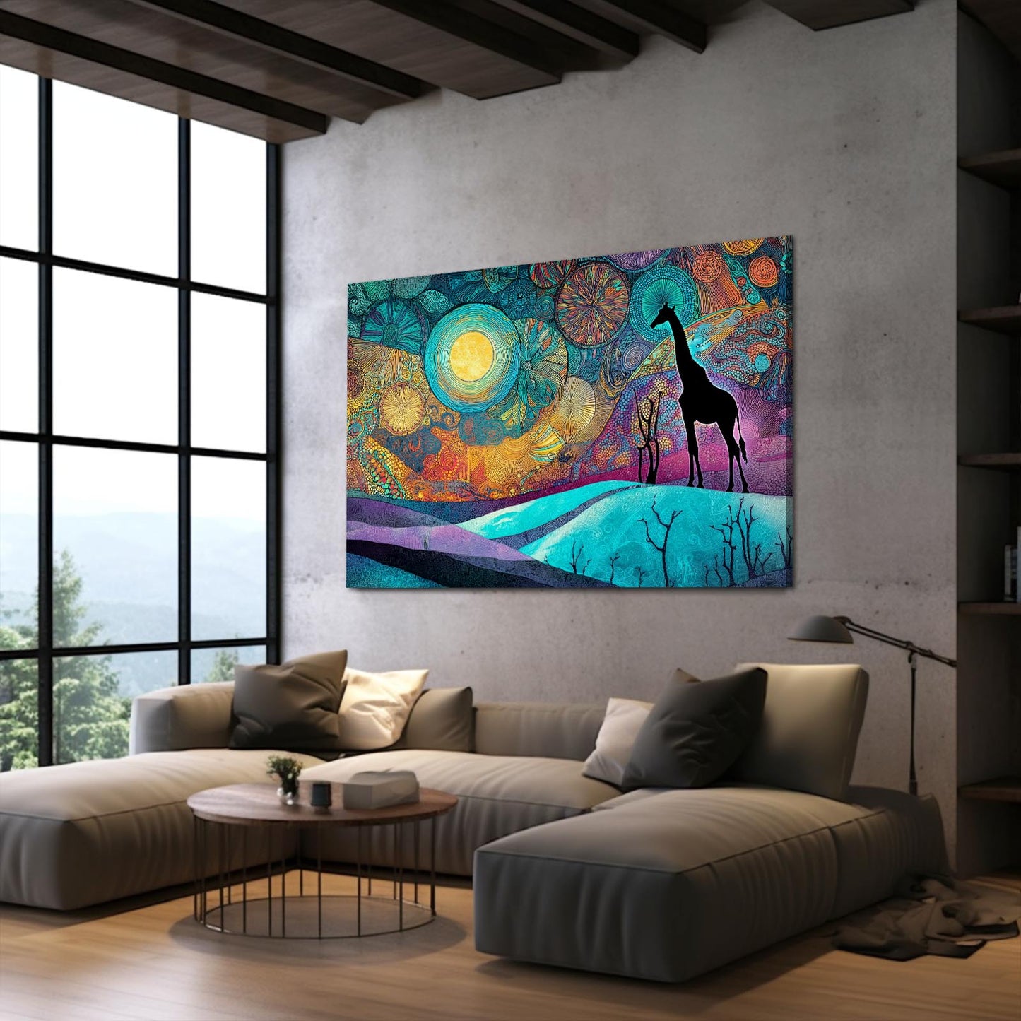 Colorful abstract painting of a giraffe on a wall in a modern living room.