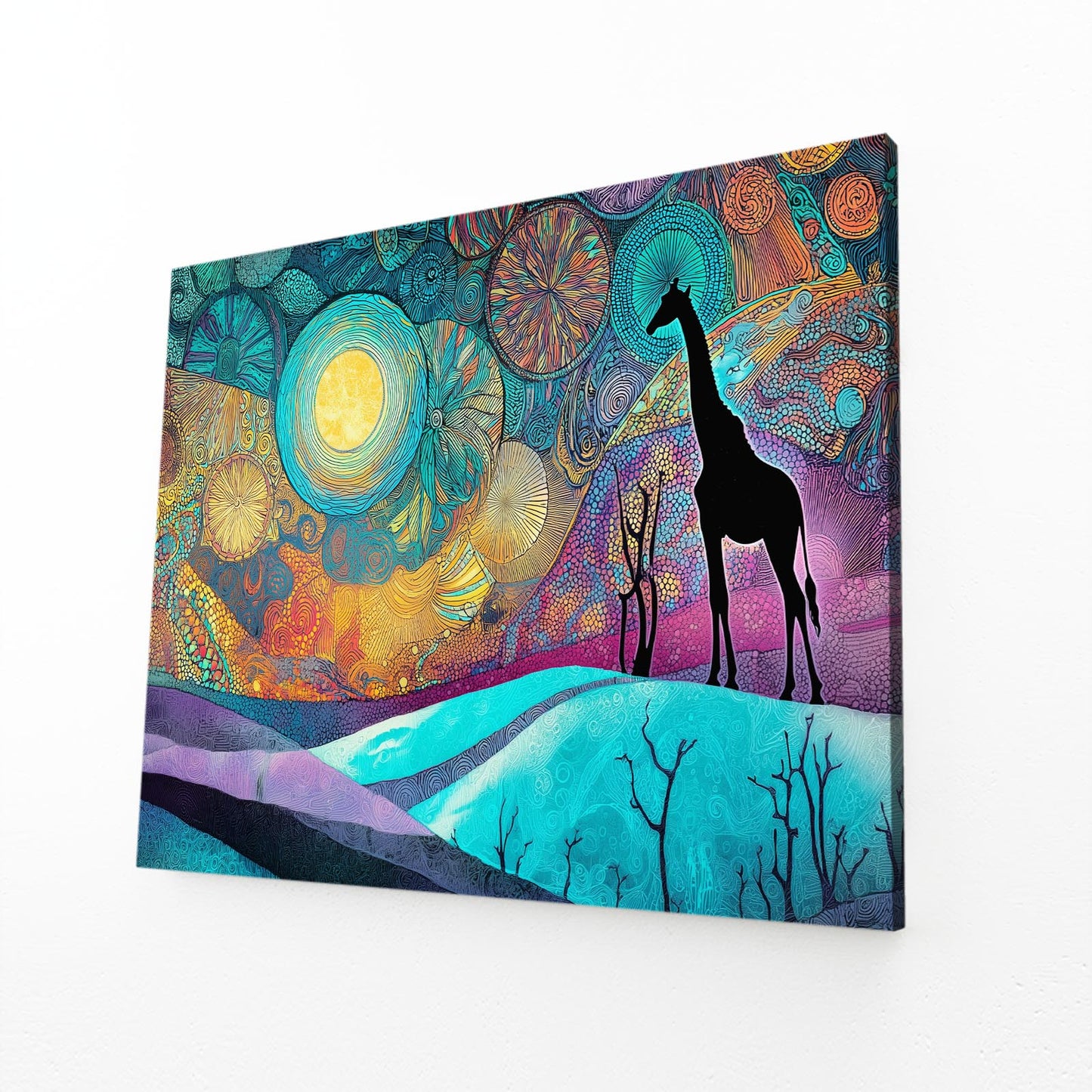 Colorful abstract artwork with giraffe silhouettes on a white background