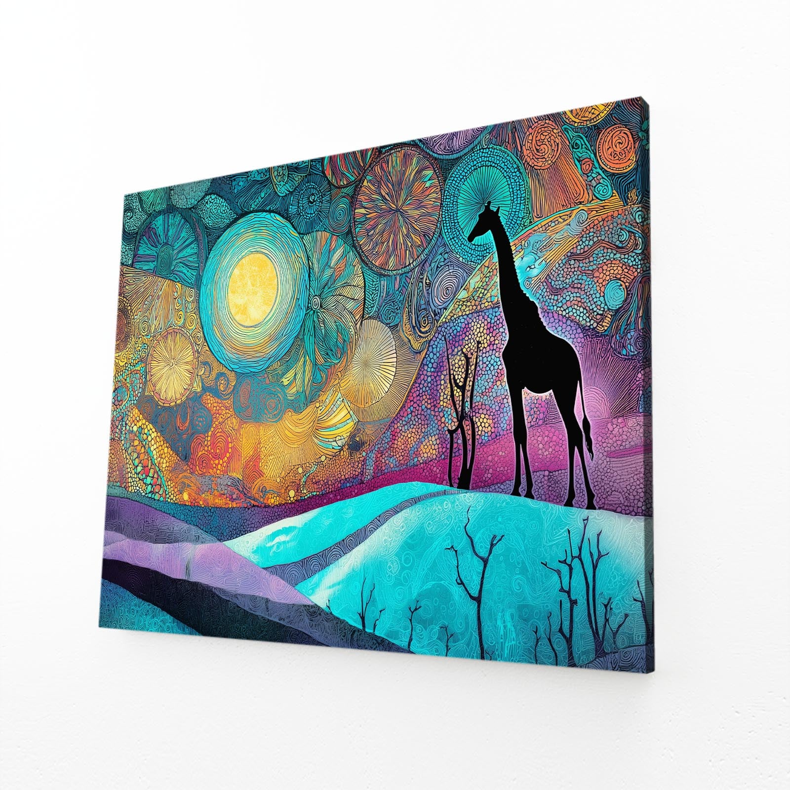 Colorful abstract artwork with giraffe silhouettes on a white background