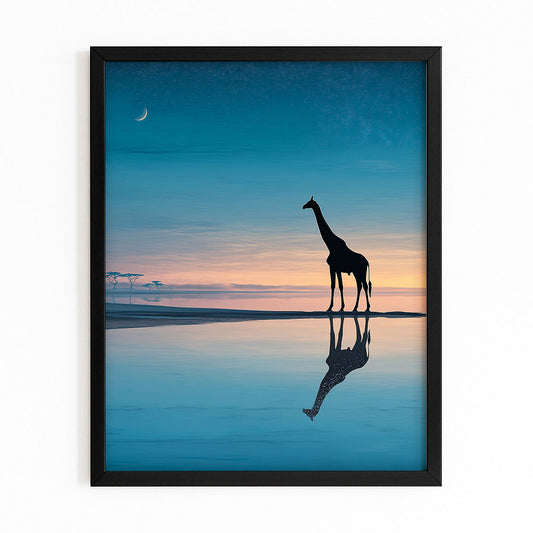 Framed artwork of a giraffe silhouette against a sunset sky with reflection on water.
