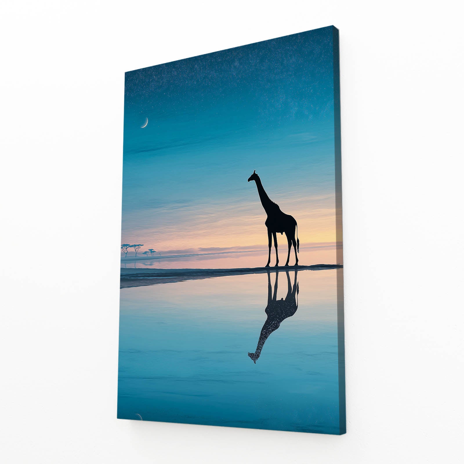Giraffe silhouette reflected in water with a sunset sky