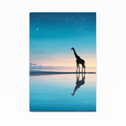 Giraffe silhouette reflected in water with a colorful sky