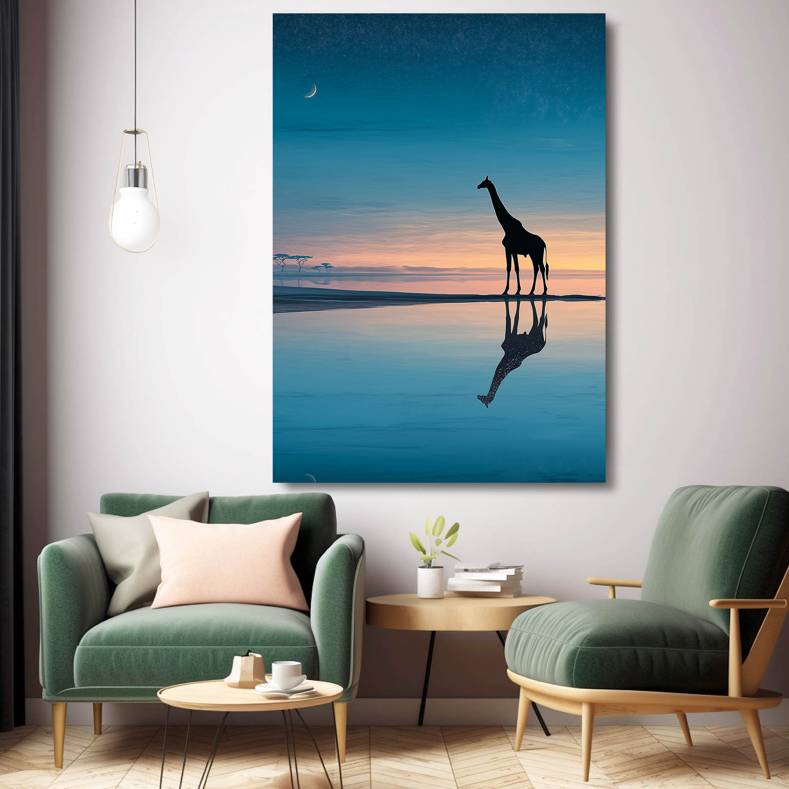 Giraffe painting on a wall above a modern living room setup with green chairs and a coffee table.