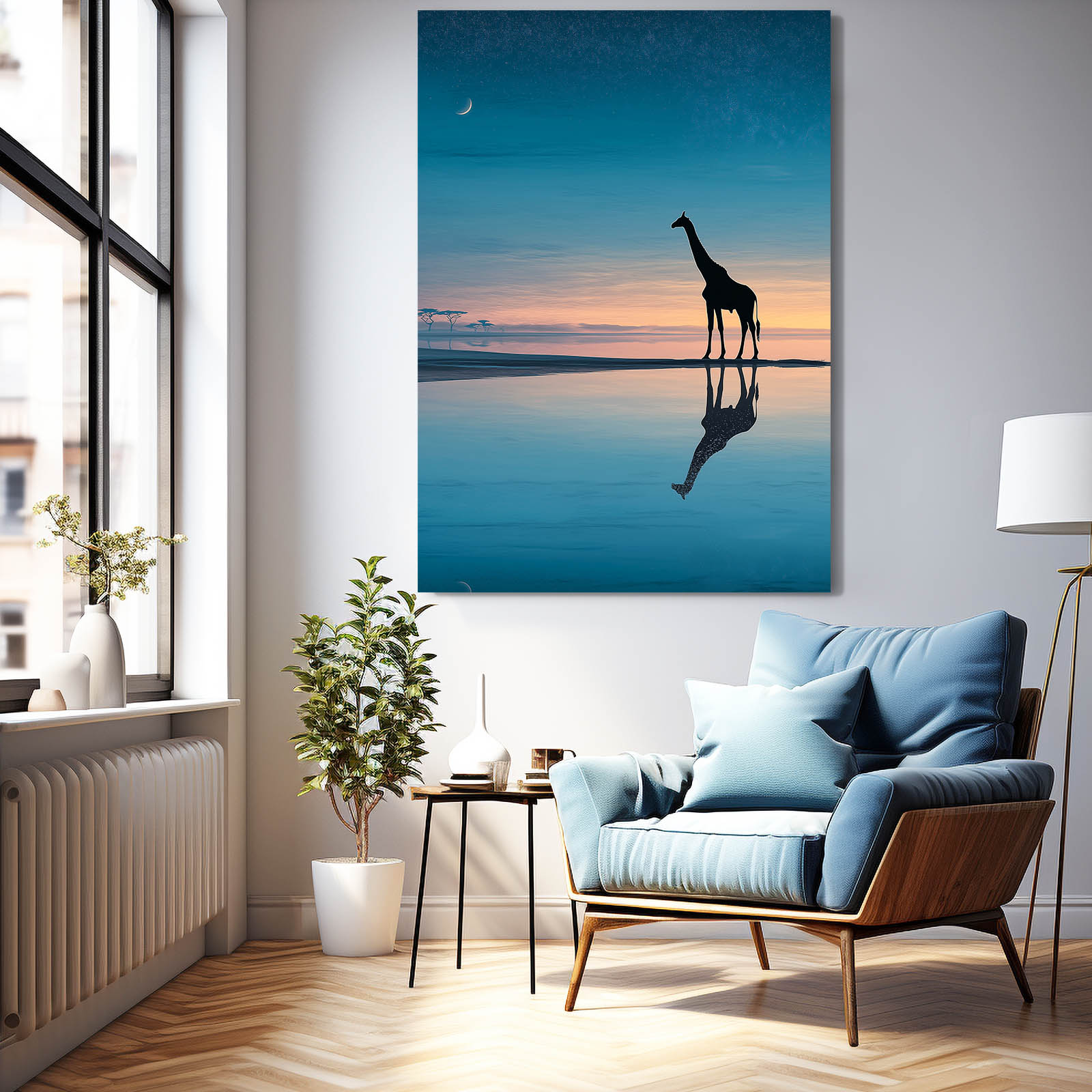 Modern living room with a large painting of a giraffe on a beach, a blue armchair, and a lamp.