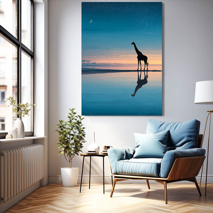 Modern living room with a large painting of a giraffe on a beach, a blue armchair, and a lamp.