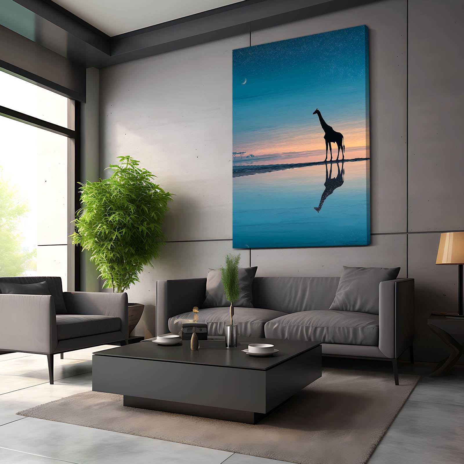 Modern living room with a large painting of a giraffe on a beach.