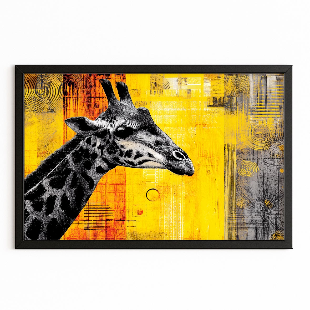 Framed artwork of a giraffe with a yellow and black abstract background