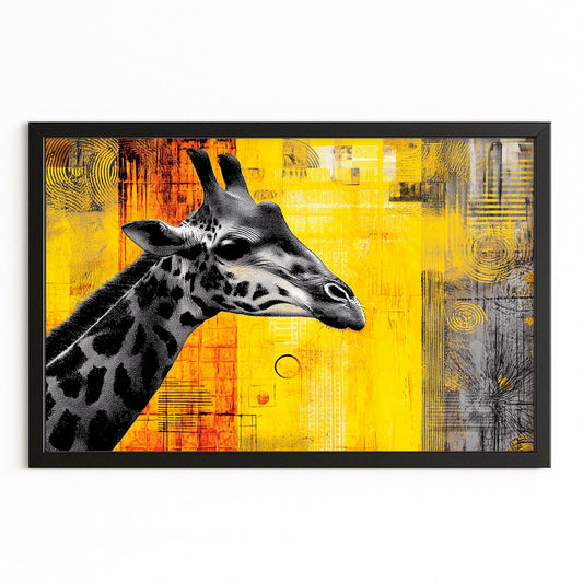 Framed artwork of a giraffe with a yellow and black abstract background