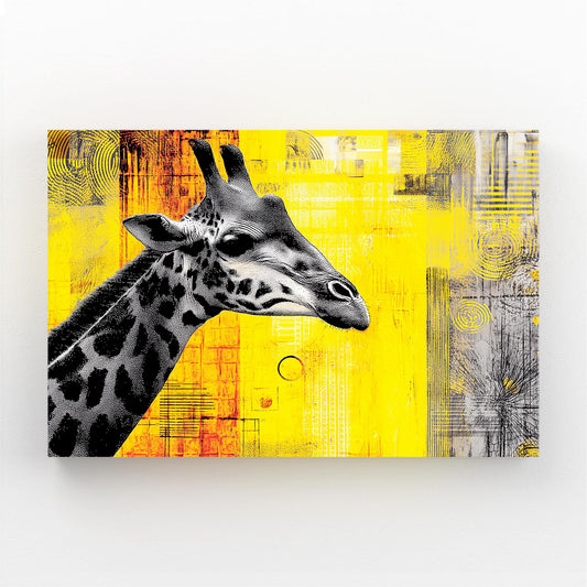 Canvas print with a giraffe on a yellow and gray abstract background