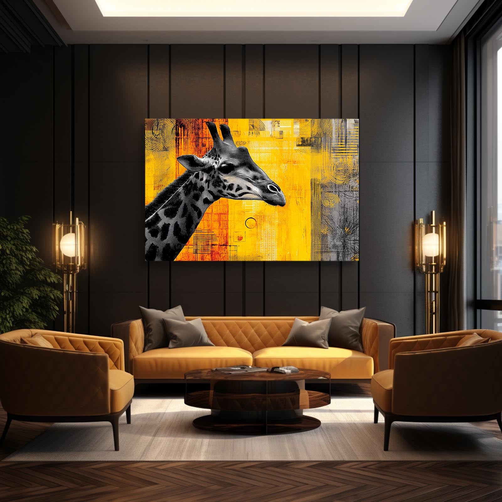 Modern living room with a yellow sofa, armchairs, and a large abstract giraffe painting on the wall.