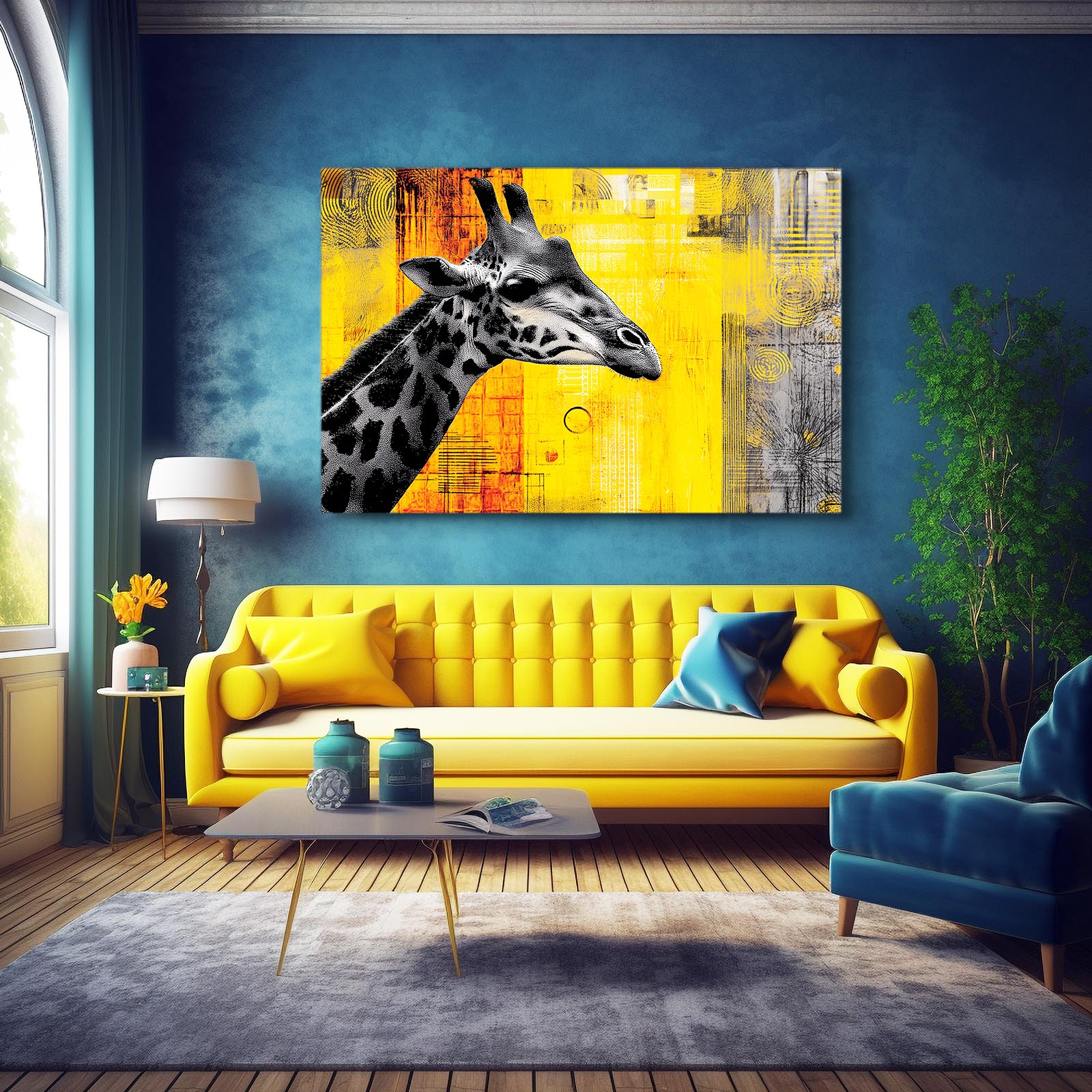 Modern living room with a yellow sofa, blue armchair, and abstract giraffe painting on the wall.