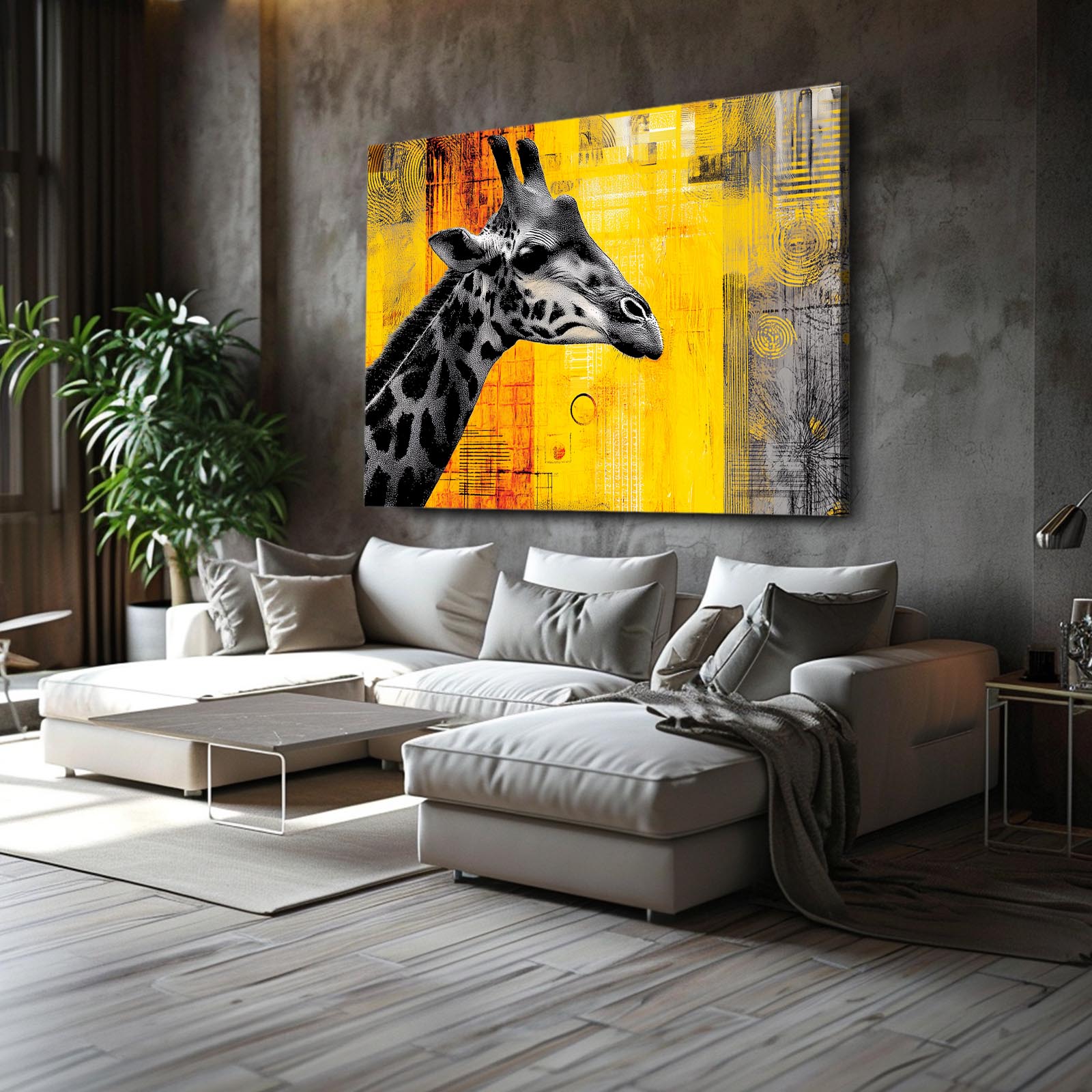 Living room with a giraffe painting on the wall