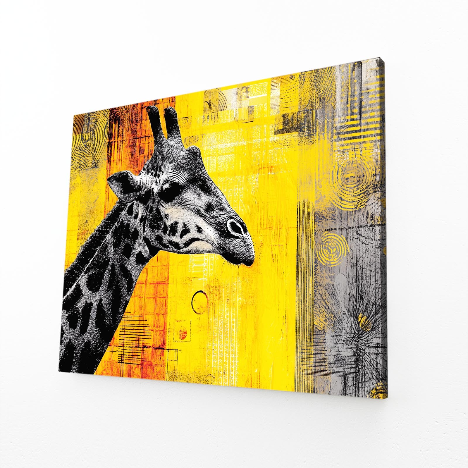 Canvas print of a giraffe on a yellow abstract background