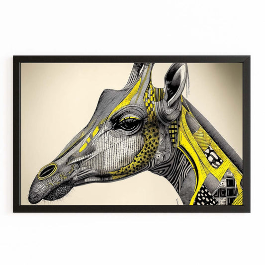 Framed artwork of a stylized giraffe head with geometric patterns on a beige background