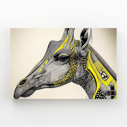 Artistic depiction of a giraffe's head with geometric patterns on a beige background