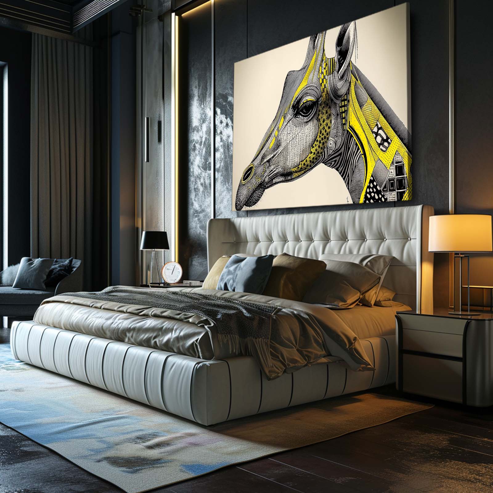 Modern bedroom with a large bed, artwork on the wall, and side tables.