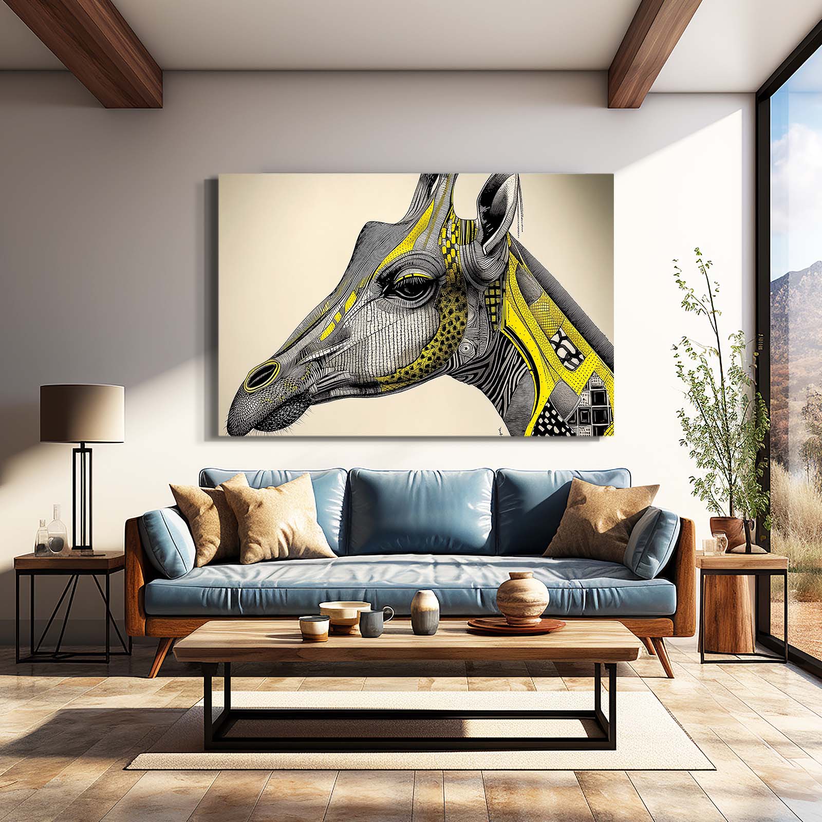 Modern living room with a large giraffe painting on the wall.