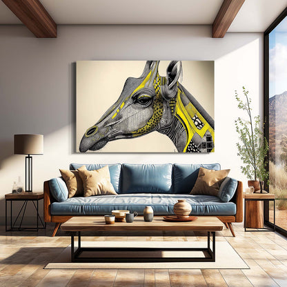 Modern living room with a large giraffe painting on the wall.