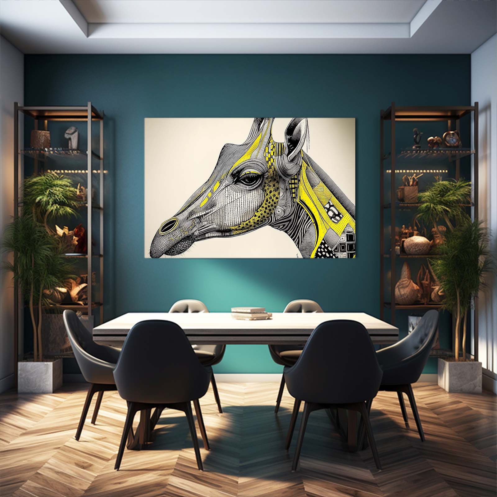 Dining room with a large wall art of a stylized horse head on a teal wall.