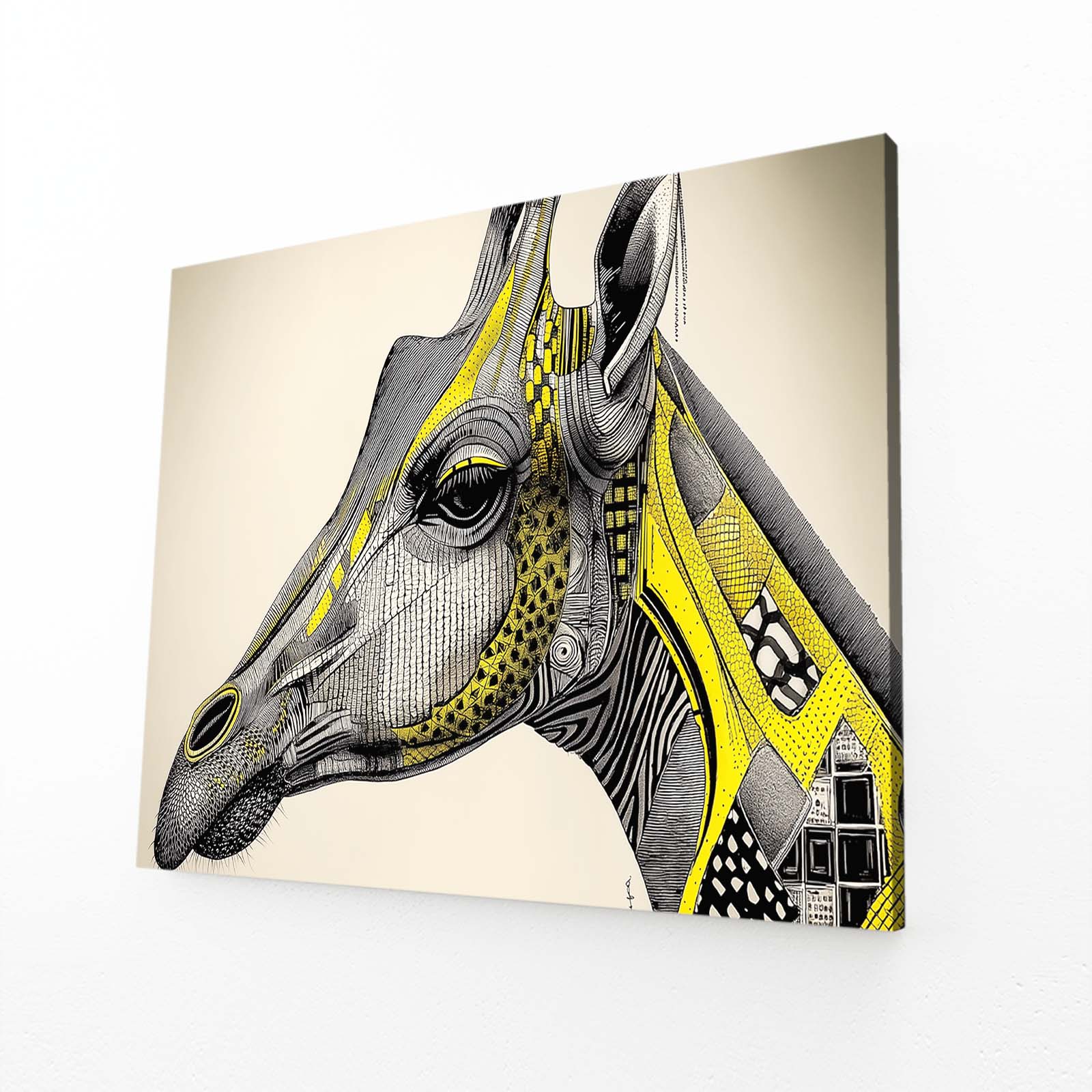 Canvas print of a stylized giraffe head with yellow and black patterns on a beige background