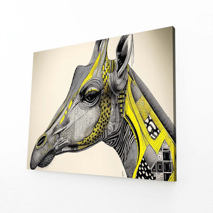 Canvas print of a stylized giraffe head with yellow and black patterns on a beige background
