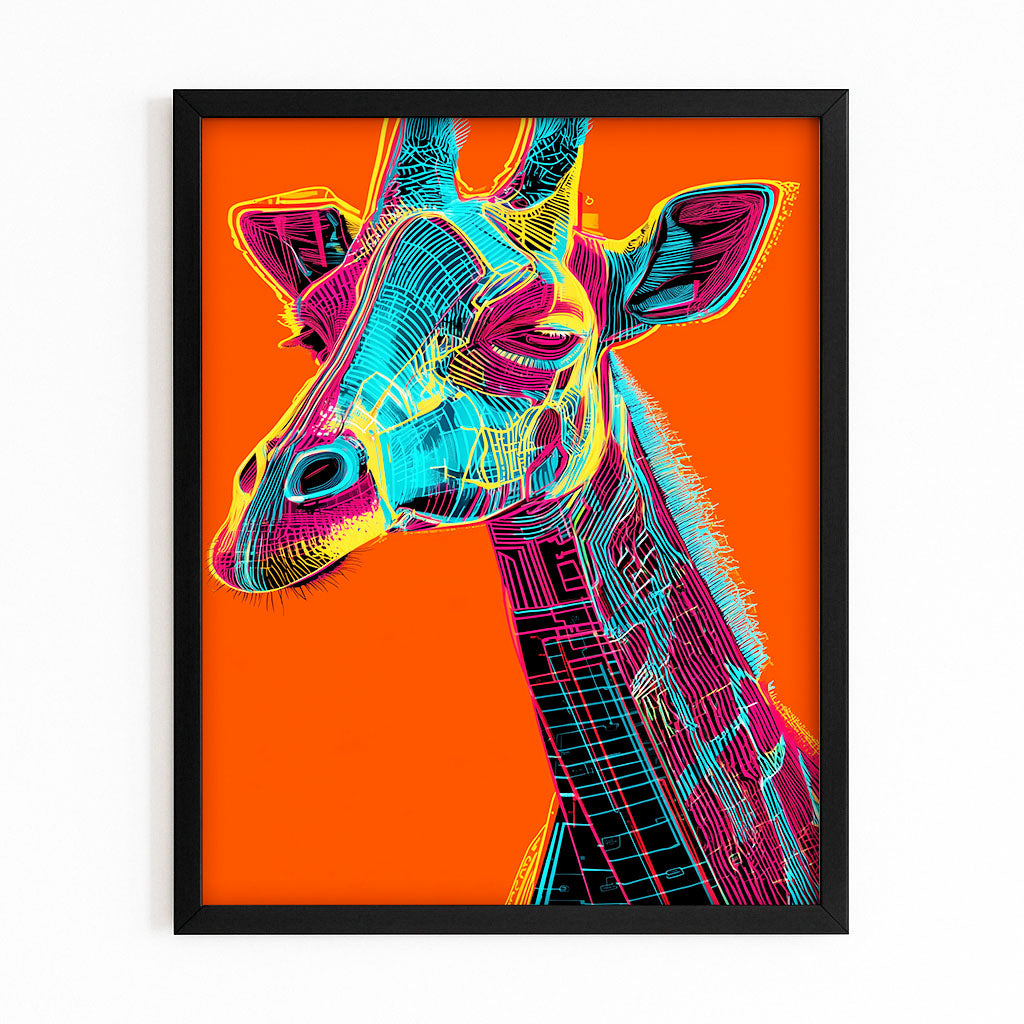 Framed artwork of a colorful giraffe on an orange background