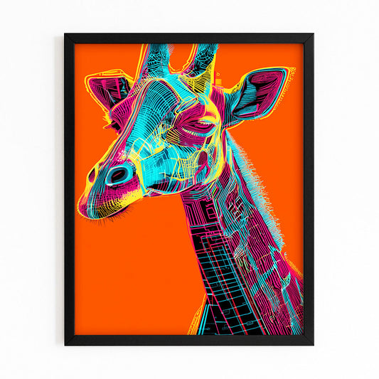 Framed artwork of a colorful giraffe on an orange background
