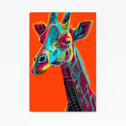 Colorful abstract giraffe design on an orange background