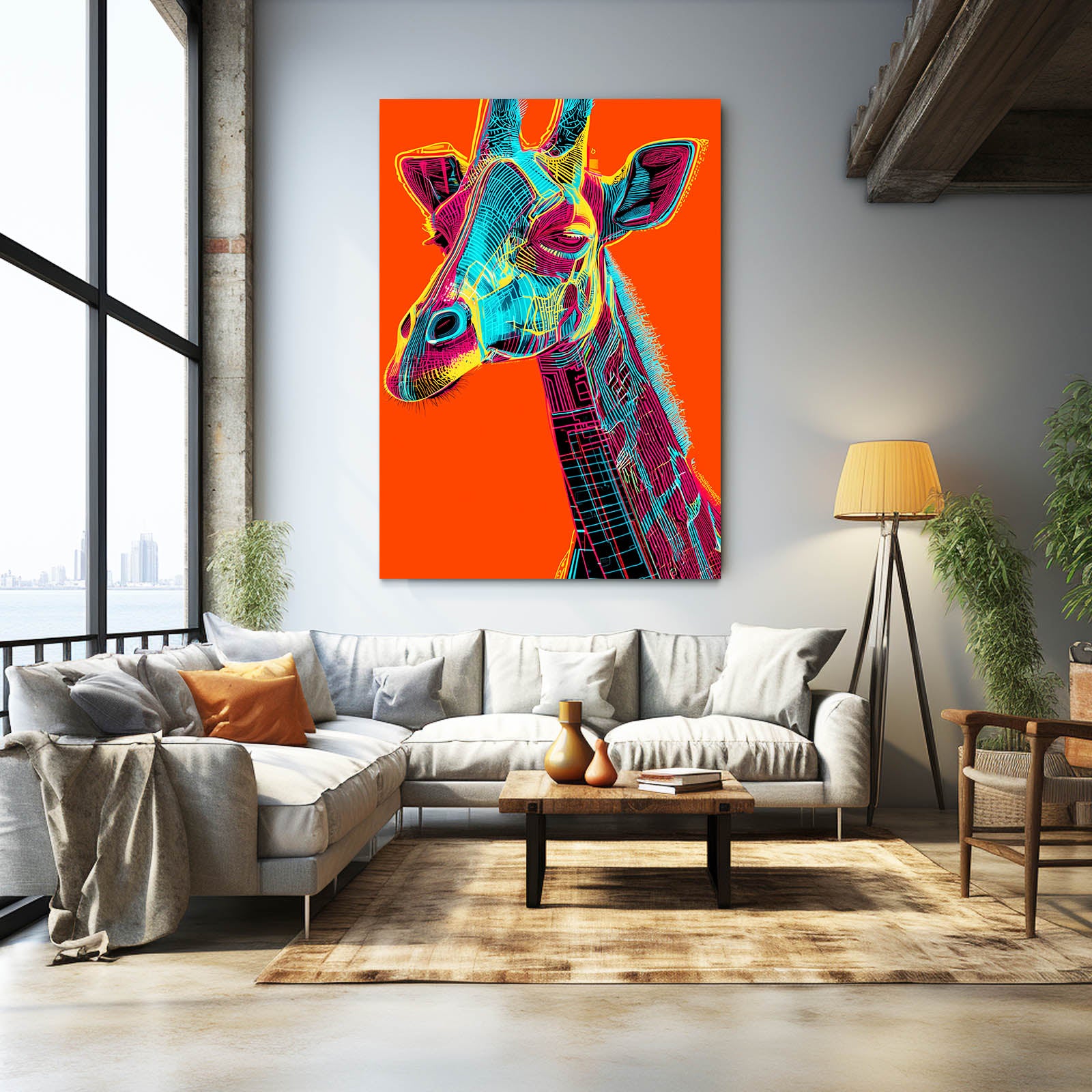 Colorful abstract giraffe painting on an orange background in a modern living room.