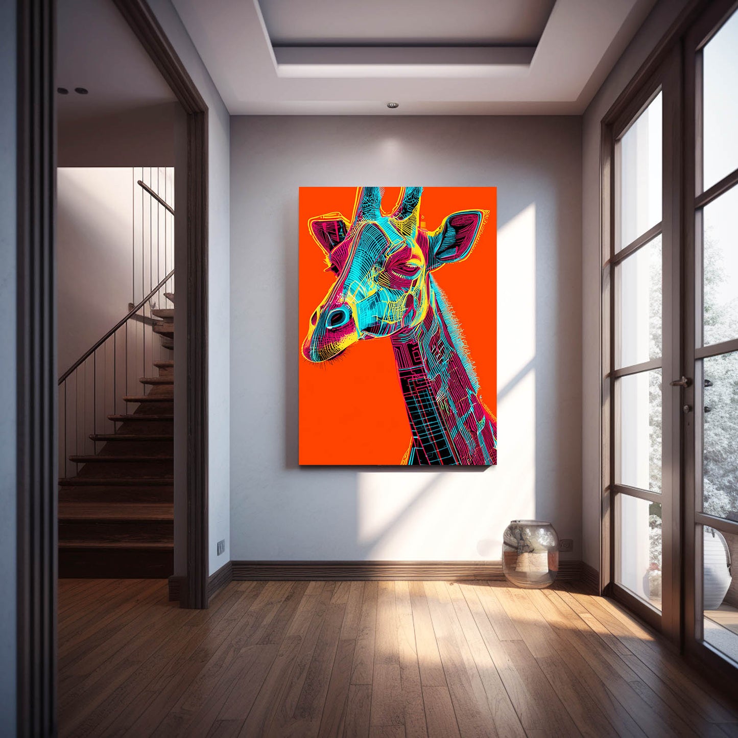 Colorful giraffe painting on an orange background in a modern interior setting.