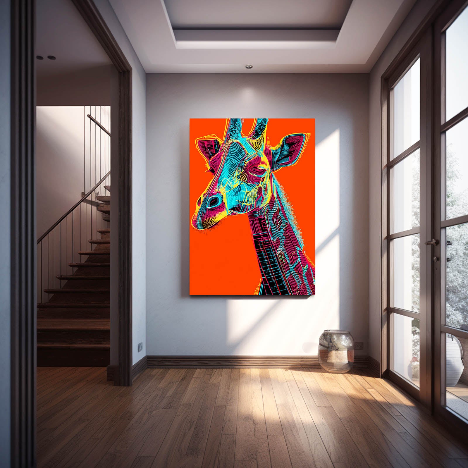 Colorful giraffe painting on an orange background in a modern interior setting.