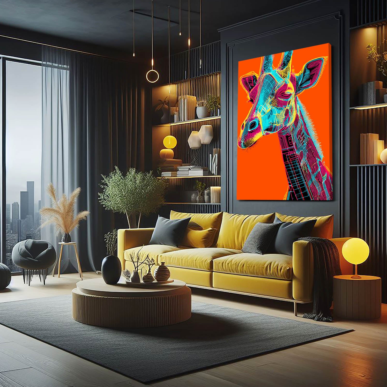 Modern living room with a yellow sofa, colorful giraffe painting, and decorative items.