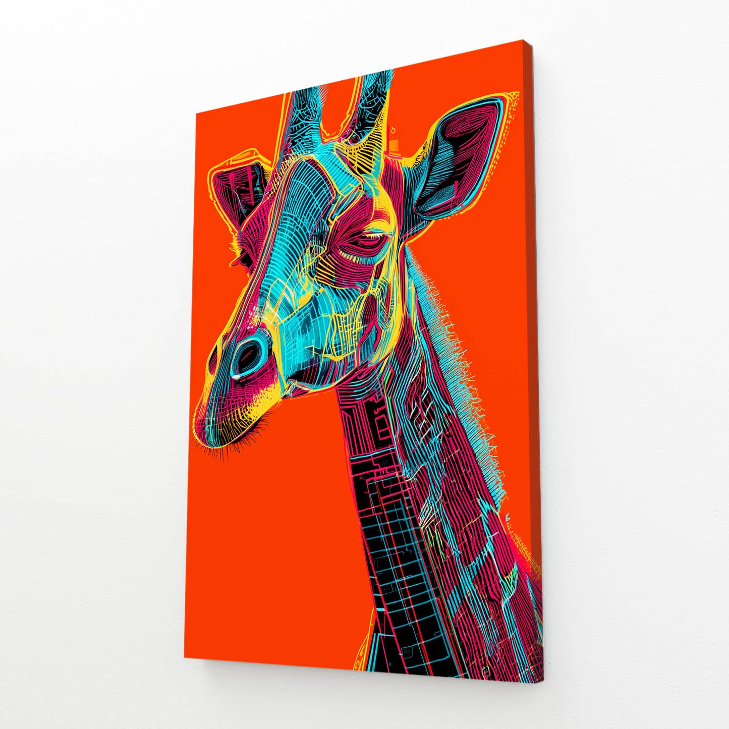 Colorful giraffe painting on an orange background