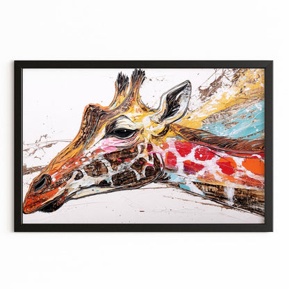 Framed artwork of a colorful giraffe head on a white background