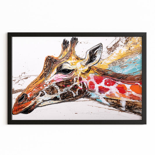 Framed artwork of a colorful giraffe head on a white background