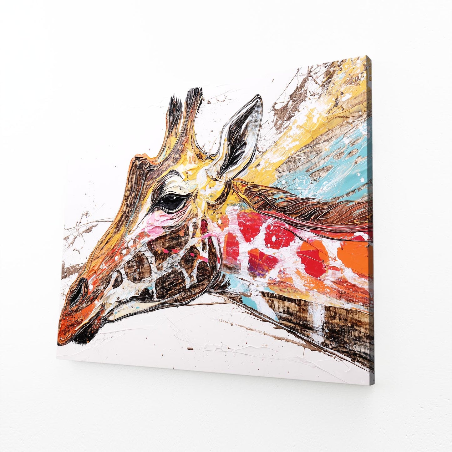 Colorful abstract painting of a giraffe head on a white background