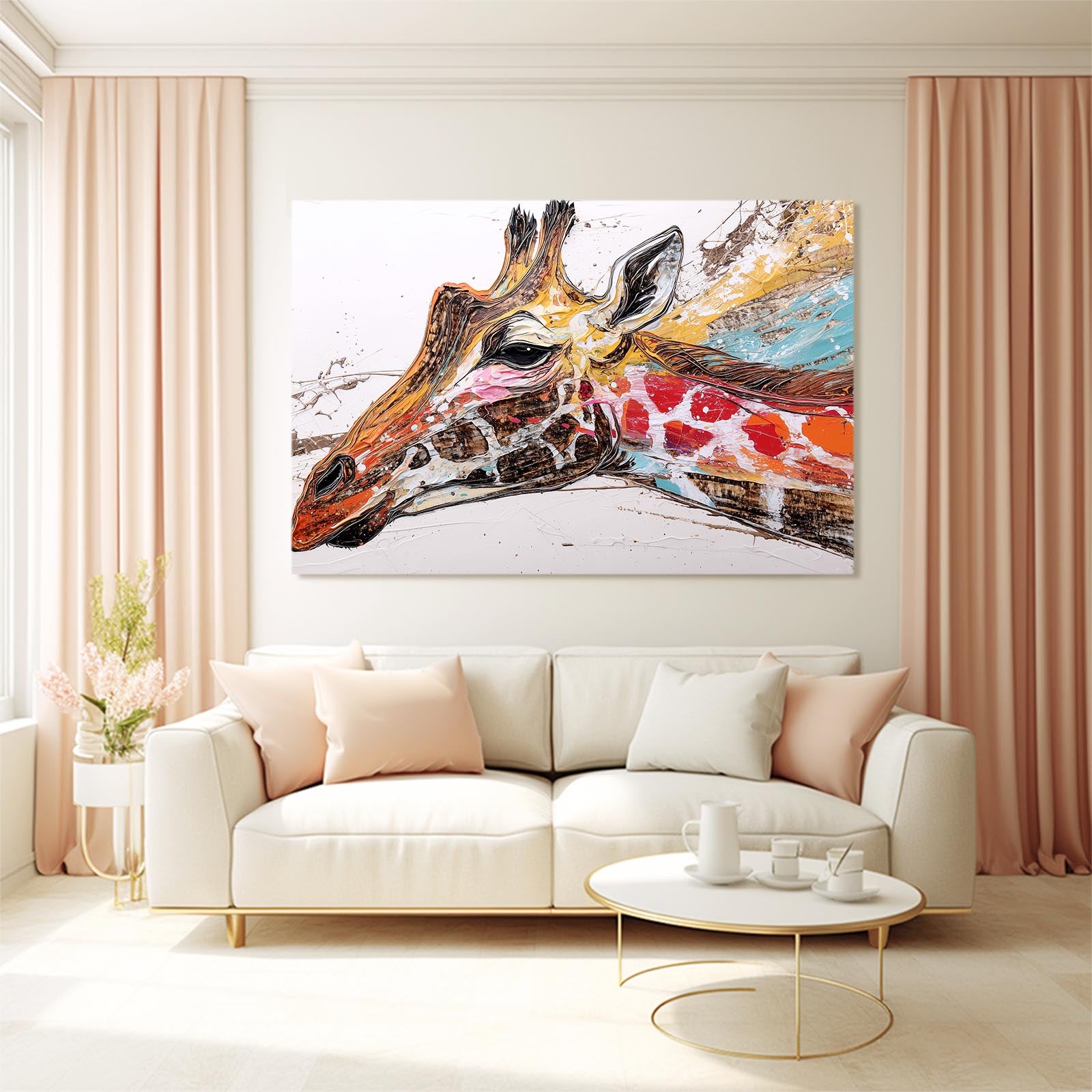Living room with a large abstract painting of a giraffe on the wall above a white sofa.
