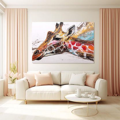 Living room with a large abstract painting of a giraffe on the wall above a white sofa.