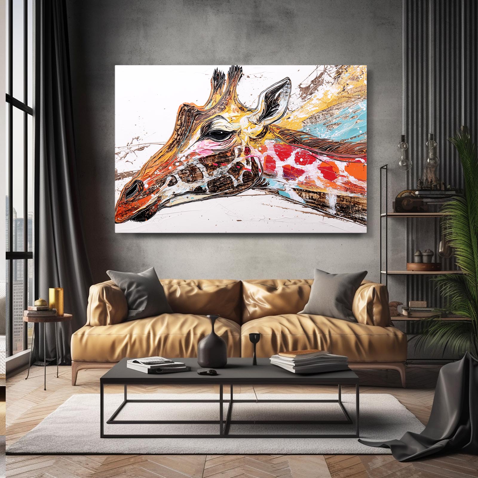 Living room with a large abstract painting of a giraffe on the wall above a brown sofa.