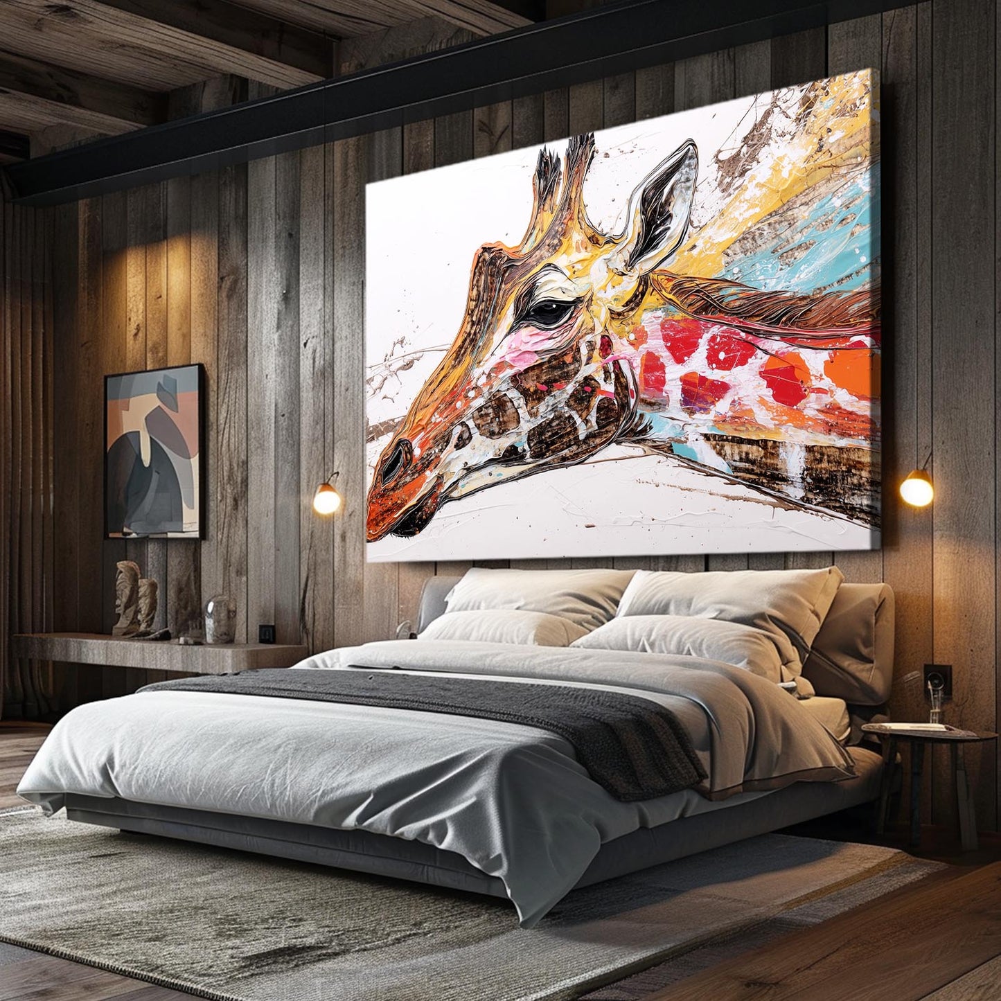 Modern bedroom with a large abstract giraffe painting on the wall.