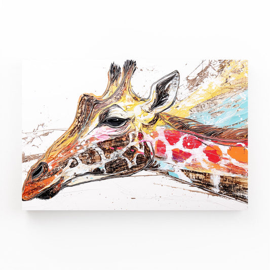 Colorful abstract painting of a giraffe's head on a white background