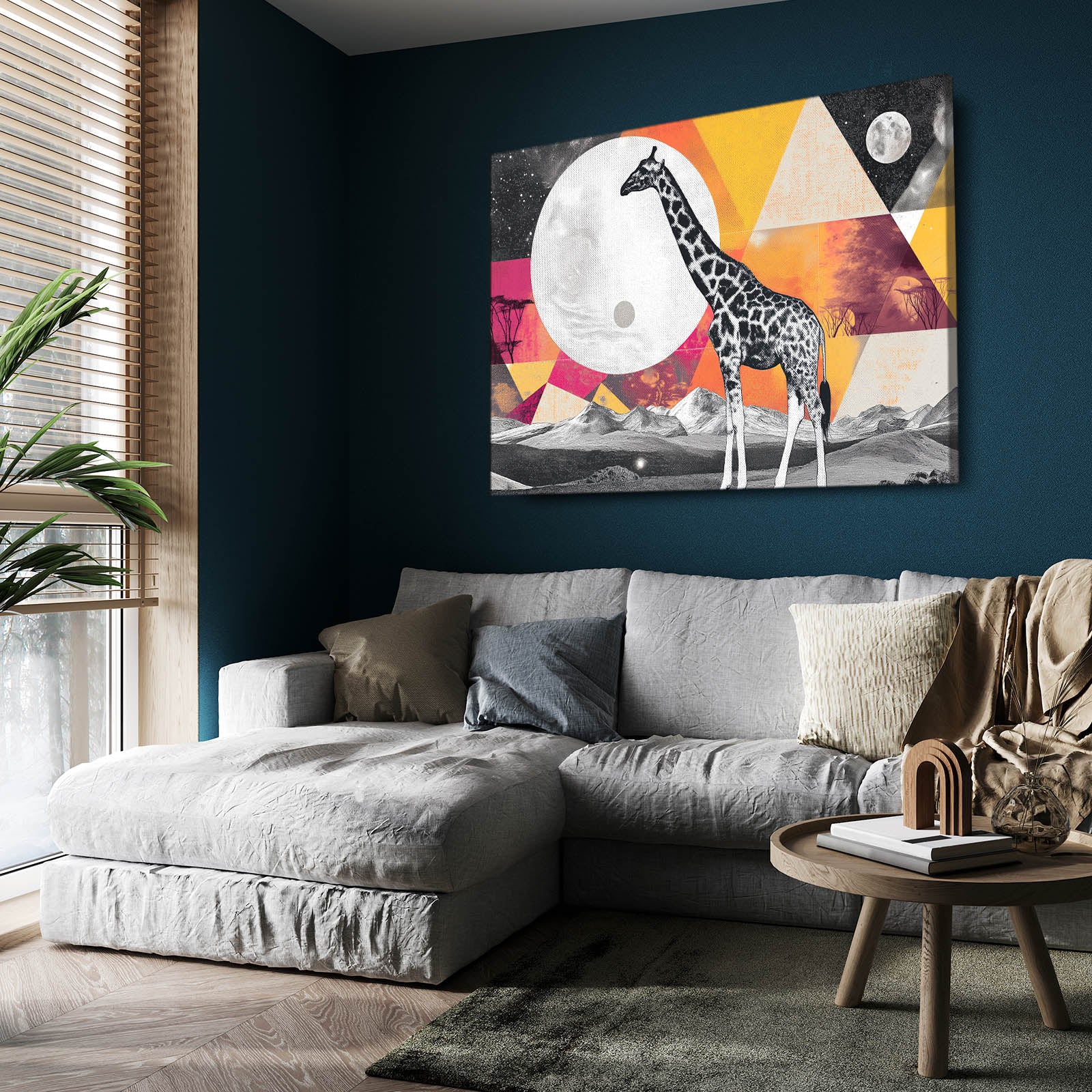 Modern living room with a gray sectional sofa, wooden coffee table, and colorful abstract painting of a giraffe on a blue wall.