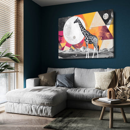 Modern living room with a gray sectional sofa, wooden coffee table, and colorful abstract painting of a giraffe on a blue wall.