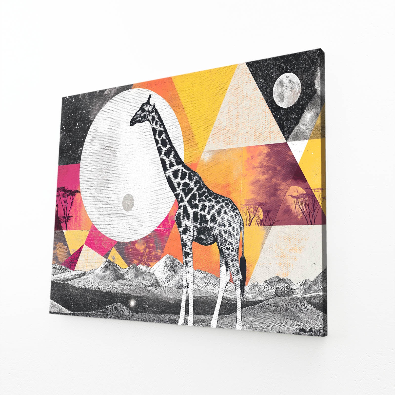 Giraffe in a surreal landscape with geometric shapes and moons