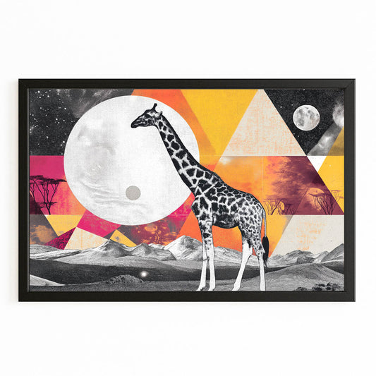 Framed artwork with a giraffe standing in front of geometric shapes and celestial elements.